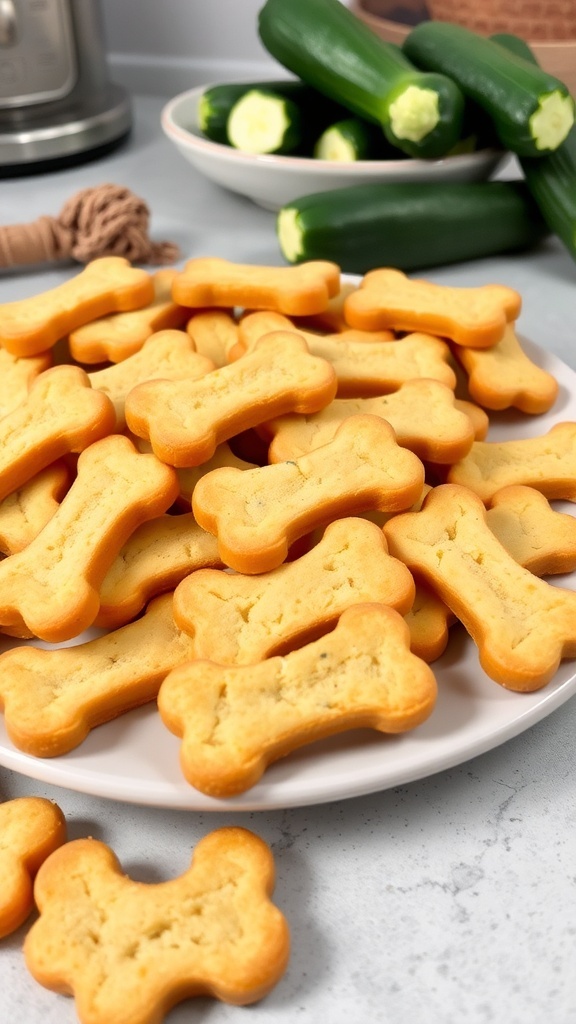 Homemade zucchini dog treats shaped like bones on a plate, with fresh zucchini in the background.